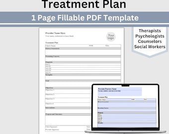 May include: A printable treatment plan template for therapists, psychologists, counselors, and social workers. The template includes sections for client information, presenting concerns, diagnosis, strengths, goals, objectives, interventions, progress and outcomes, and client and provider signatures.