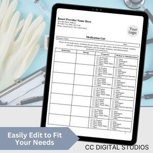 Weekly medicine tracker page highlighting columns for drug name, strength, frequency, route, and reason, a simple layout that supports chronic condition management, post op care, and routine refills in a clean professional format