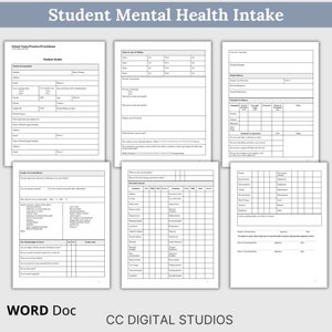 Digital download of school counseling document suite including referral for assessment form, psychologist progress notes, counselor progress notes, student information and intake forms in editable Word format for teachers and social workers.