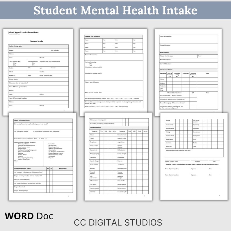 Digital download of school counseling document suite including referral for assessment form, psychologist progress notes, counselor progress notes, student information and intake forms in editable Word format for teachers and social workers.