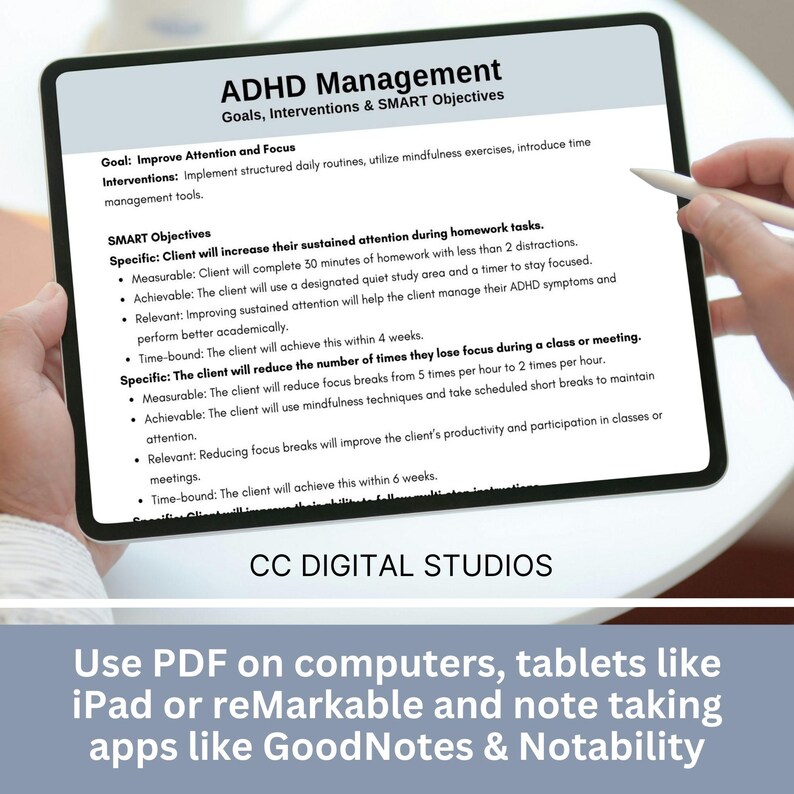 Close-up of ADHD SMART Goals Planner PDF worksheet for goal setting, treatment planning, executive function coaching digital download display
