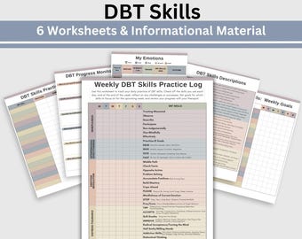 May include: A printable DBT Skills Practice Log worksheet with a weekly calendar grid and a list of DBT skills. The worksheet is designed to help track daily practice of DBT skills. The worksheet is in a light blue, gray, and pink color scheme.