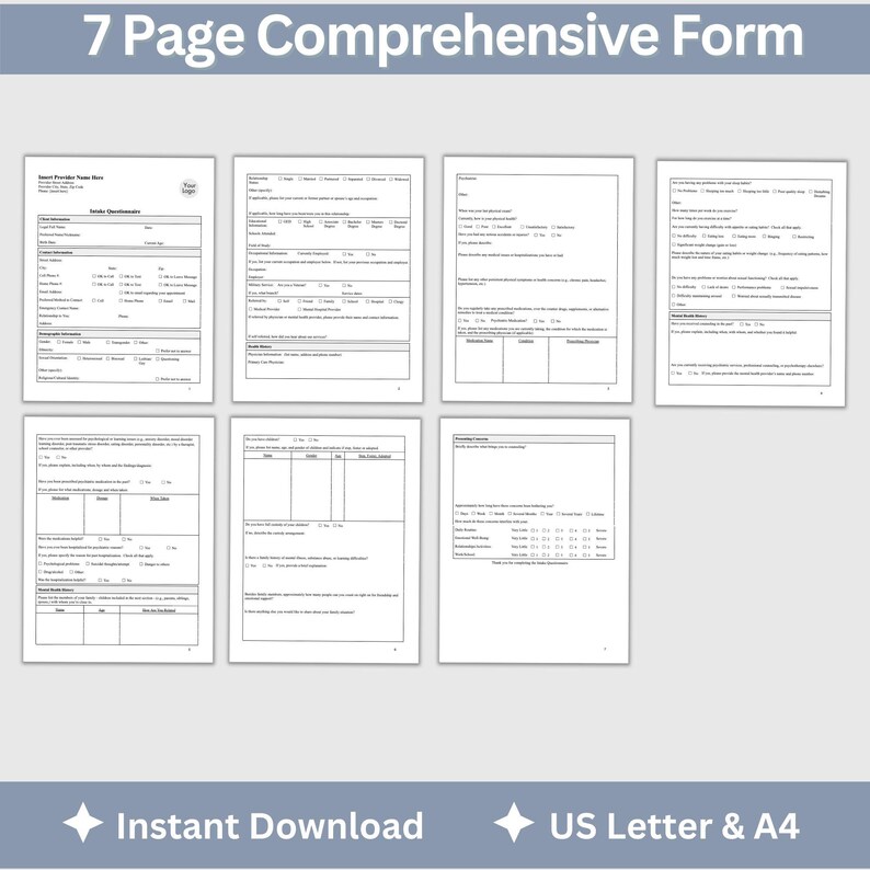 Adult Intake Questionnaire Mental Health Forms Digital Download Google ...