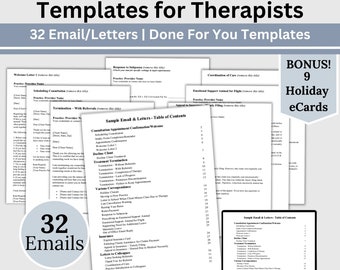 May include: A digital product listing for 32 email and letter templates for therapists. The templates are designed to help therapists with various tasks, including scheduling consultations, sending welcome letters, and handling terminations. The listing also includes 9 holiday eCards as a bonus.