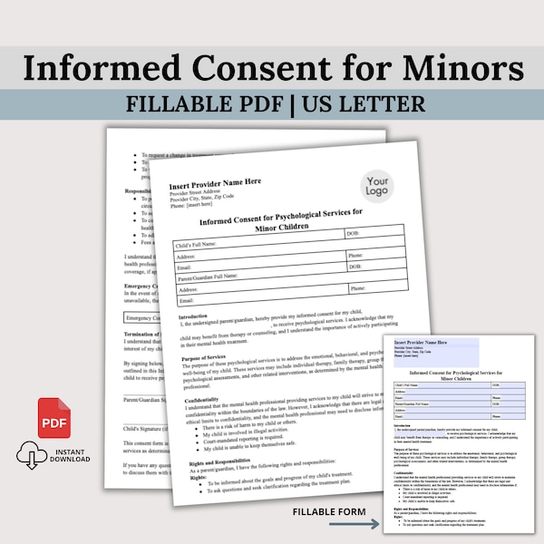 Informed Consent for Minor Child, Adolescent Therapy, Therapy Office Forms, Adolescent Intake Forms, Teen Therapy, Child Therapy, PDF