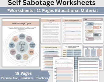 May include: A set of 18 printable worksheets designed to help people understand and overcome self-sabotaging behaviors. The worksheets include a self-sabotage cycle diagram, stages of change reflection, and self-criticism questions. The worksheets are in a light blue and gray color scheme with a modern, minimalist design.