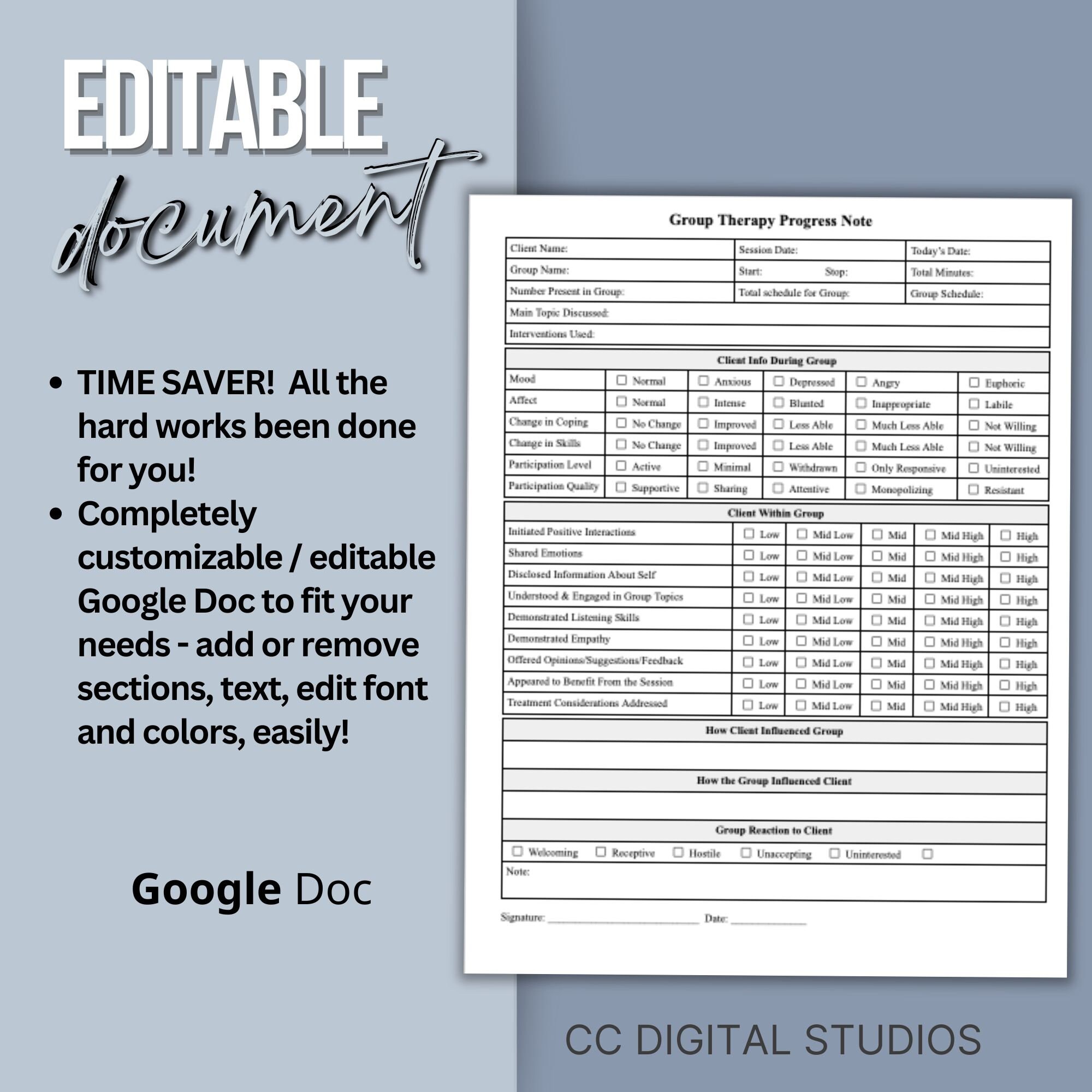 Group Therapy Progress Note Template Editable Google Docs Group Session ...