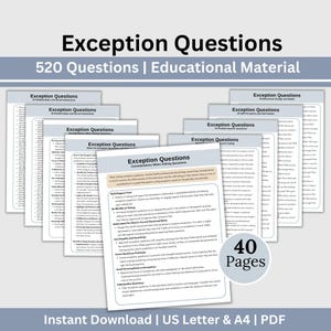 May include: A set of 40 pages of printable worksheets with the title "Exception Questions" and the subtitle "520 Questions | Educational Material". The worksheets are designed to help therapists and counselors ask questions to help clients identify exceptions to their problems.