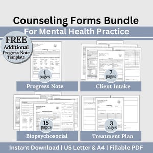 May include: A bundle of counselling forms for mental health practices. The bundle includes a progress note template, client intake forms, a biopsychosocial assessment, and a treatment plan. The forms are available for instant download in US Letter and A4 sizes and are fillable PDFs.