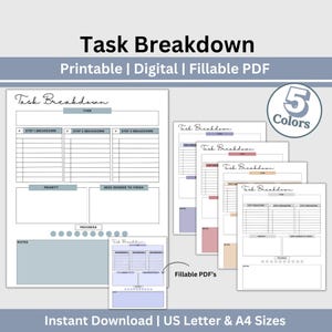 Puede incluir: Un planificador de desglose de tareas imprimible con cinco opciones de color diferentes. El planificador incluye secciones para la tarea, los pasos, la prioridad, la necesidad de finalizar, el progreso y las notas. El planificador está disponible en tamaños US Letter y A4.