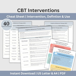 May include: A printable cheat sheet for Cognitive Behavioral Therapy (CBT) interventions. The sheet includes 40 different techniques, definitions, and uses. The sheet is available for instant download in US Letter and A4 sizes.