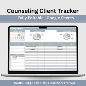 May include: A Google Sheets spreadsheet template for tracking counseling clients. The spreadsheet includes a calendar, client status, referral source, top goals, to-do list, and client information. The spreadsheet is designed to help counselors manage their caseload and track client progress.