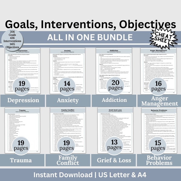 Goals for Therapy Measurable Objectives Interventions BUNDLE, Therapy Tools, Cheat Sheets, Ideal for Treatment Planning, Therapist Office
