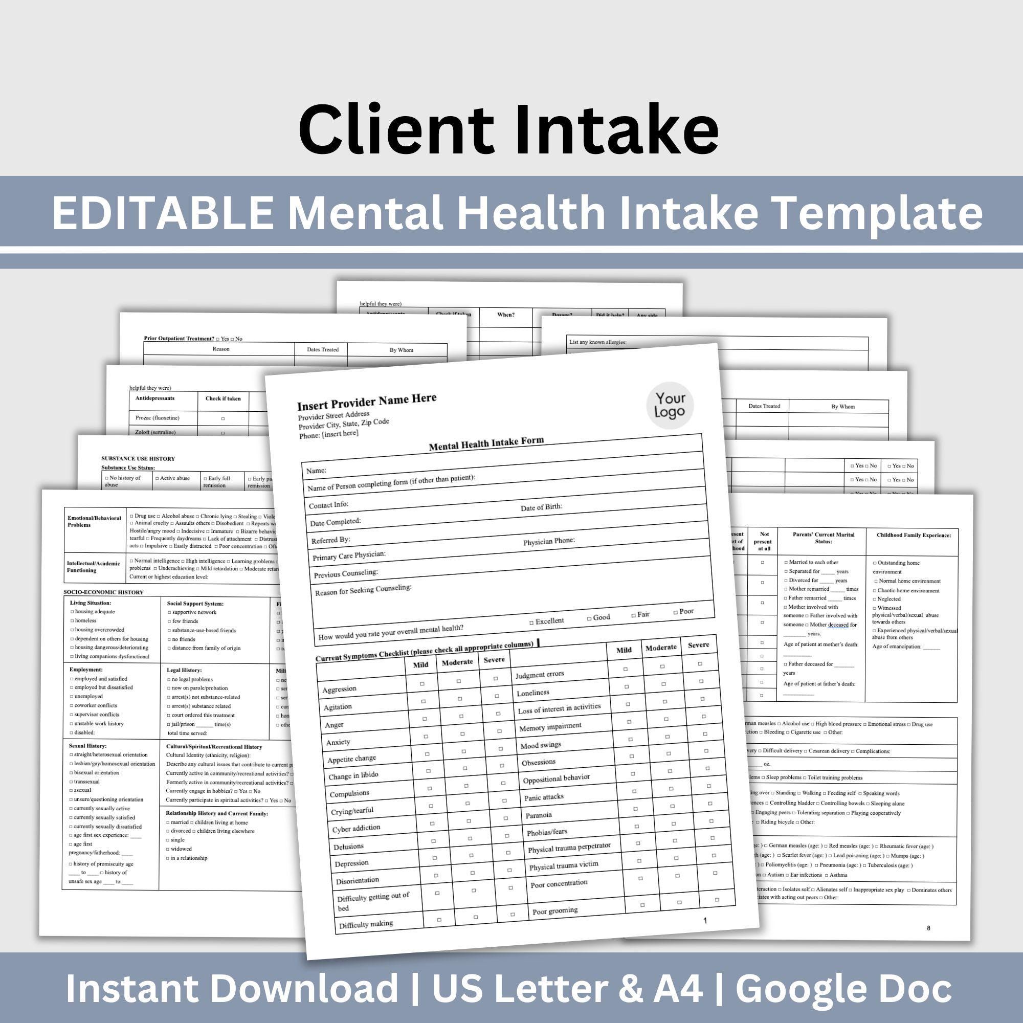 Mental Health Client Intake Form: Editable Google Doc Template - Etsy
