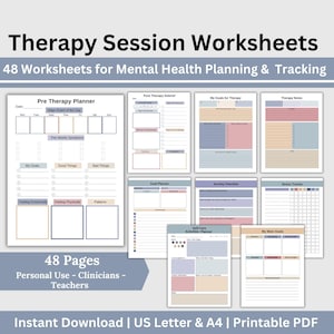 May include: A set of printable therapy session worksheets. The title reads "Therapy Session Worksheets" with the subtitle "48 Worksheets for Mental Health Planning & Tracking." The worksheets include planners, checklists, and trackers. The text reads "48 Pages, Personal Use - Clinicians - Teachers."