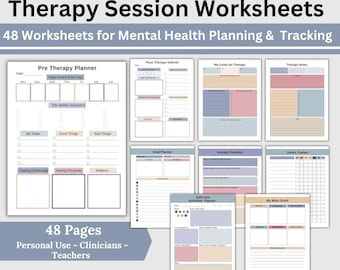 May include: A collection of printable therapy session worksheets. The title reads "Therapy Session Worksheets" with the subtitle "48 Worksheets for Mental Health Planning & Tracking." The worksheets include planners, checklists, and trackers. The text reads "48 Pages, Personal Use - Clinicians - Teachers."