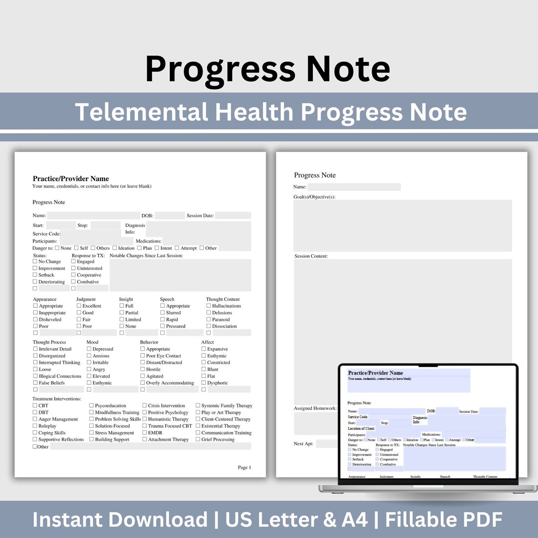 Telemental Health Progress Note Template: Fillable Therapy Tool (PDF ...