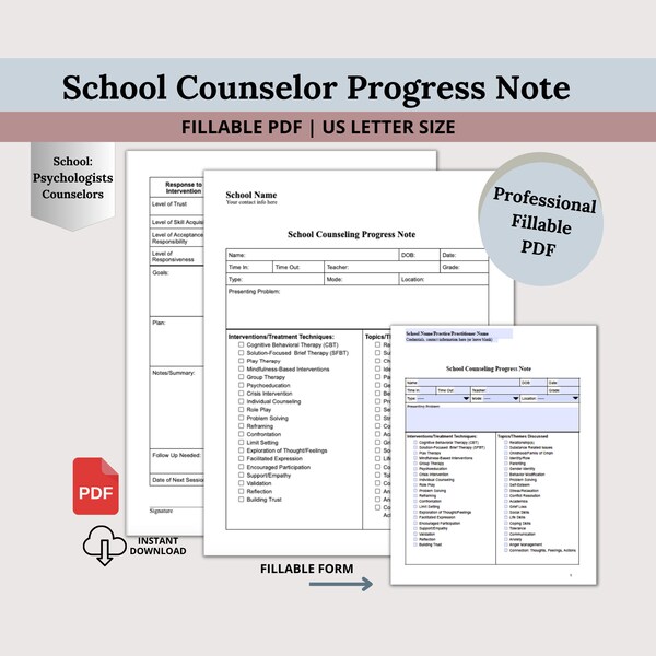 School Counselor Progress Note, Fillable PDF, School Psychologist, Counseling Tools, School Social Worker Progress Note Template
