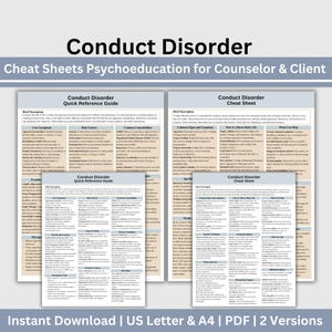 May include: Four printable cheat sheets for counselors and clients on Conduct Disorder. The sheets are in a light blue, white, and black color scheme and include information on common signs and symptoms, risk factors, common comorbidities, how it affects daily life, what can help, and self-care tips.