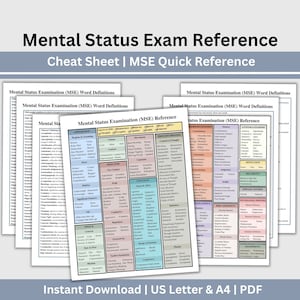 Mental Status Exam Cheat Sheet, MSE Reference Sheet, MSE Writing Guide, MSE Checklist, Therapy Tools, Mental Health Assessment