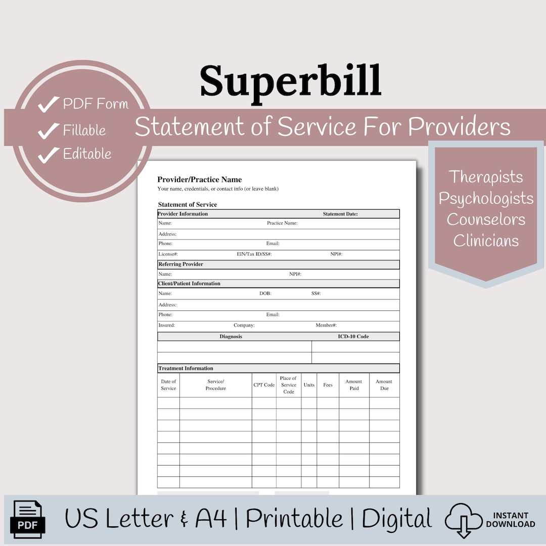 Superbill Template for Mental Health Providers, Editable & Fillable PDF