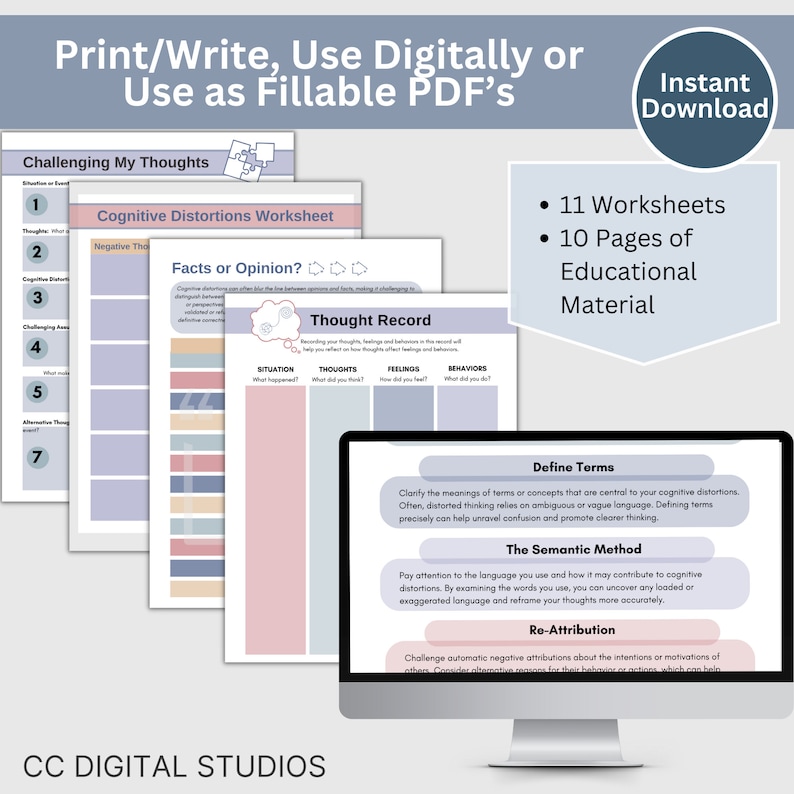 cognitive distortion therapy worksheets are designed to help you gain insight into and challenge your thinking patterns.  Crafted to guide you through the process of identifying and addressing specific cognitive distortions