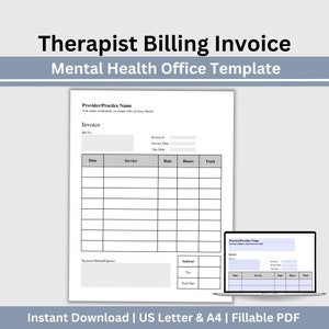 May include: A black and white printable therapist billing invoice template with a gray background. The template includes fields for provider name, invoice number, invoice date, due date, date, service, rate, hours, total, subtotal, tax, and total due. The template also includes a payment method options section. The template is designed for use with a mental health office.