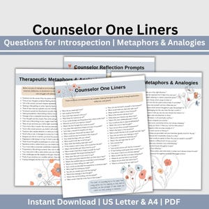 May include: A printable PDF download of counsellor one-liners for introspection, metaphors, and analogies. The document features a floral design with pink and white flowers. The text includes phrases like "What would you tell your future self about this situation?" and "What is the most challenging thing about you?"