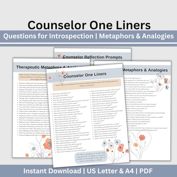 Therapy Questions Cheat Sheets: Counselor One-Liners, Reflection Prompts (Digital Download)