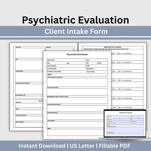 Puede incluir: Un conjunto de documentos de formulario de admisión de cliente para evaluación psiquiátrica con varias páginas blancas y texto negro, incluyendo campos para nombre del paciente, historial médico y casillas de verificación, en formato PDF rellenable.
