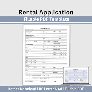 Könnte beinhalten: Ein Mietantragsformular mit einer ausfüllbaren PDF-Vorlage. Das Formular enthält Abschnitte für Immobilieninformationen, Bewerberdetails und den Beschäftigungsverlauf. Der Text "Rental Application" steht oben. Das Formular wird auf einem Laptop-Bildschirm angezeigt.