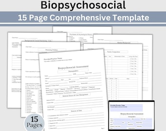 May include: A 15-page Biopsychosocial Assessment Template in a digital format. The template is designed for use by mental health professionals and includes sections for demographics, family composition, medical background, presenting problems, and referral sources.