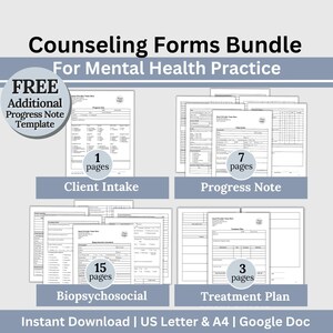Pode incluir: Um pacote de formulários de aconselhamento para práticas de saúde mental. Os formulários incluem um formulário de admissão do cliente, notas de progresso, uma avaliação biopsicossocial e um plano de tratamento. Os formulários estão disponíveis para download instantâneo nos tamanhos US Letter e A4 e são compatíveis com Google Docs.