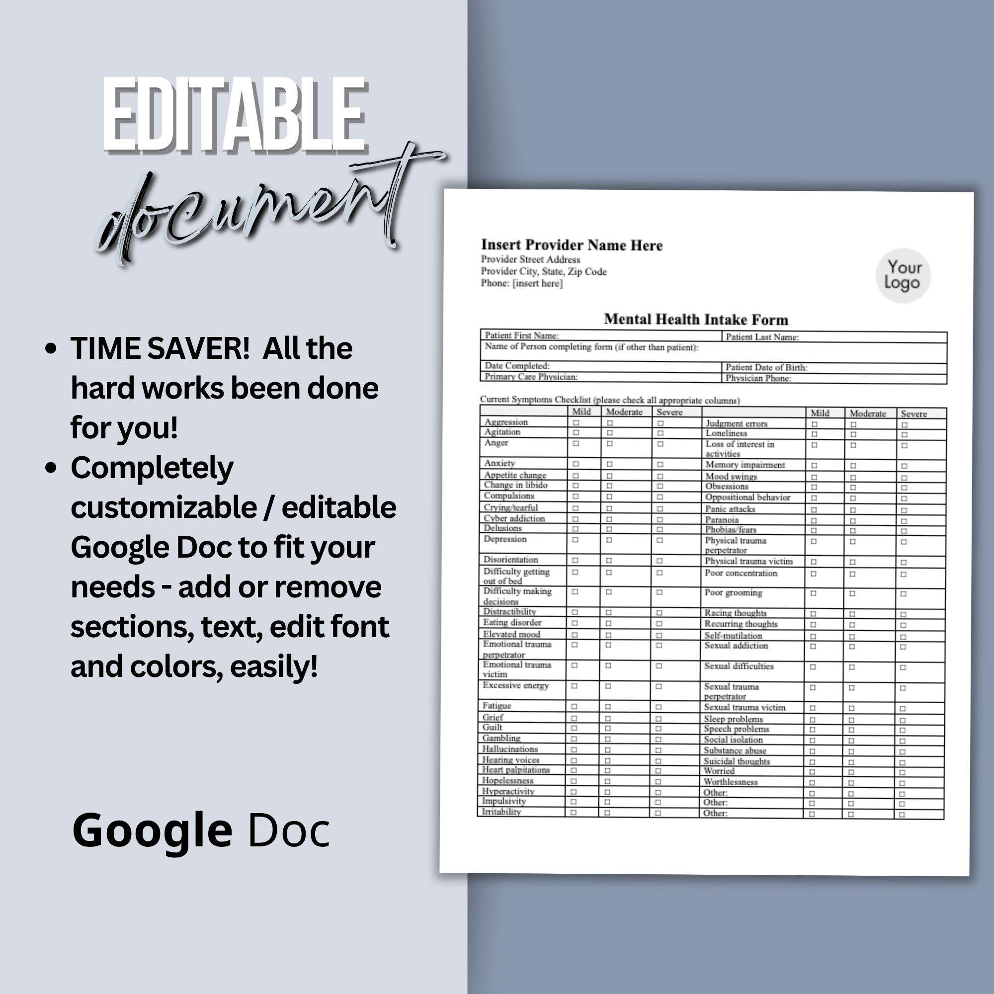 Mental Health Client Intake Form: Therapy Office Template (google Doc ...