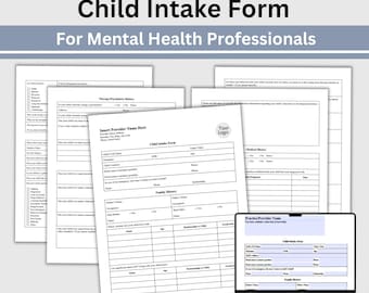 Puede incluir: Un formulario de admisión de niños en blanco y negro imprimible para profesionales de la salud mental. El formulario incluye secciones para el historial de terapia/psiquiatría, el historial familiar, el historial médico y la educación. El formulario está disponible para descarga instantánea en los tamaños US Letter y A4 y es rellenable.