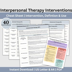 Może przedstawiać: Drukowana ściągawka do interwencji w terapii interpersonalnej (IPT). Arkusz zawiera 40 interwencji, definicji i technik. Arkusz jest podzielony na sekcje z nagłówkami, takimi jak "Terapia interpersonalna (IPT)", "Główne cele IPT", "Główny obszar skupienia", "Kluczowe interwencje i narzędzia wykorzystywane" oraz "Typowy przebieg IPT".