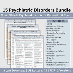 May include: A set of four printable cheat sheets for counsellors and clients. Each sheet provides information about a specific mental health disorder, including persistent depressive disorder (dysthymia), ADHD, adjustment disorder, and anxiety disorder. The sheets are in a white background with black text and are titled "15 Psychiatric Disorders Bundle".