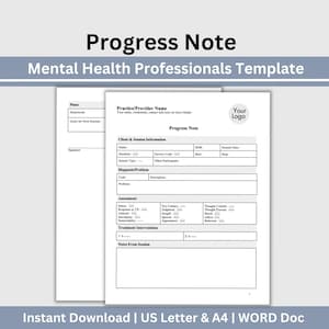 Op de afbeelding: Een printbare voortgangsnotitie sjabloon voor professionals in de geestelijke gezondheidszorg. De sjabloon bevat secties voor cliënt- en sessie-informatie, diagnose, beoordeling, behandelinterventies en notities van de sessie.