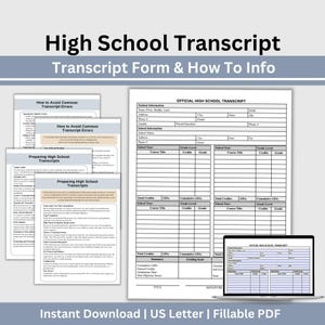 Könnte beinhalten: Ein Set aus High-School-Zeugnisformularen und Informationsleitfäden. Die Dokumente enthalten Abschnitte für Schülerdaten, Schuldetails, Kurstitel, Credits und Notendurchschnitt. Ein Laptop zeigt das offizielle Zeugnisformular als ausfüllbares PDF.