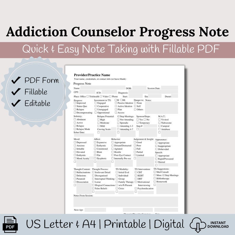 Addiction Counselor Progress Note, Client Progress Note Template ...
