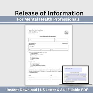 May include: A fillable PDF form for releasing private health information. The form includes sections for the client's name, address, and phone number, as well as the provider's name and contact information. The form also includes a section for the client to authorize the release of their information to a third party.