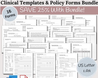 Pacchetto documentazione clinica e moduli per le policy, moduli per terapie per studi privati, moduli compilabili per sessioni con i clienti, policy per l'ufficio