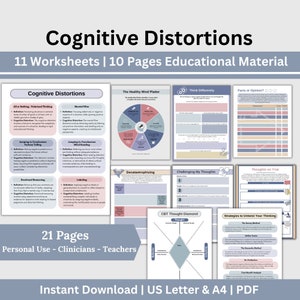 Cognitive Distortion CBT Worksheets, Trauma Therapy Worksheets, Unhelpful Thinking, Therapy Resources, Positive Thinking Skills