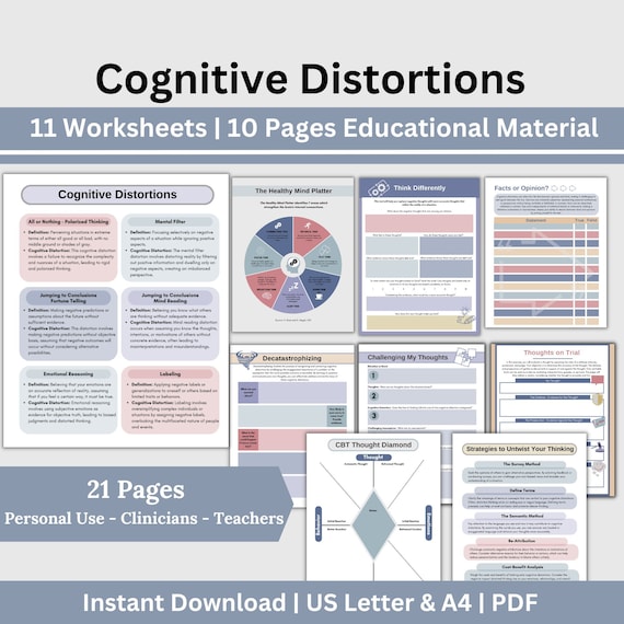 CBT Cognitive Distortion Worksheets: Therapy Resources (Digital Download)