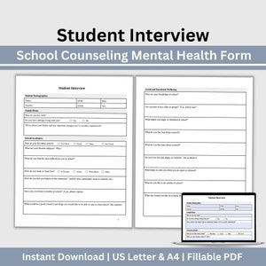 Puede incluir: Un formulario de entrevista para estudiantes imprimible para la orientación escolar. El formulario incluye secciones para la información demográfica de los estudiantes, la información familiar, el rendimiento académico, el bienestar social y emocional, y una sección de entrevista para estudiantes. El formulario está diseñado para ser completado por un consejero escolar o un terapeuta.