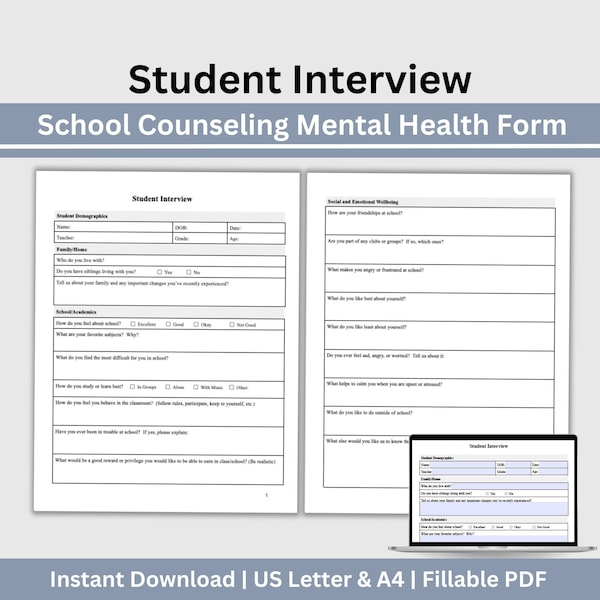 School Counselor Student Interview Template, School Psychologist, School Social Worker, School Psych Client Intake Form, Fillable PDF