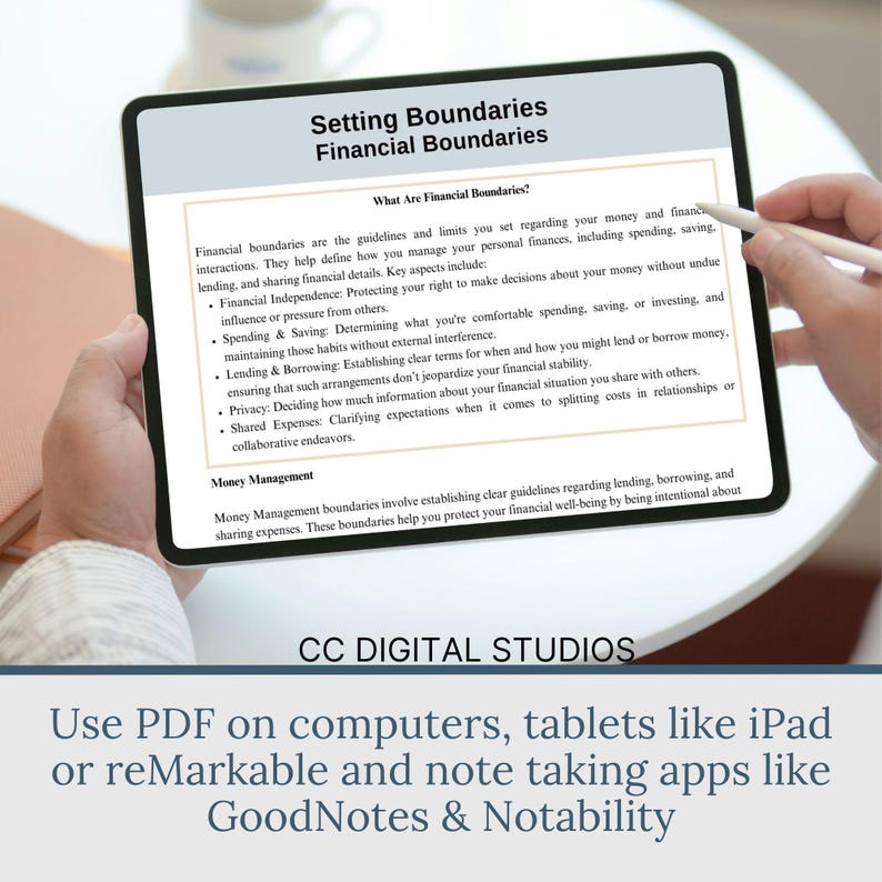 May include: A digital tablet displaying a presentation about setting financial boundaries. The presentation includes a title, "Setting Boundaries: Financial Boundaries", and a section titled "What Are Financial Boundaries?" The text explains the importance of setting financial boundaries in areas such as spending, saving, lending, and sharing financial details. The presentation also includes a section titled "Money Management" and a footer with the text "CC DIGITAL STUDIOS".