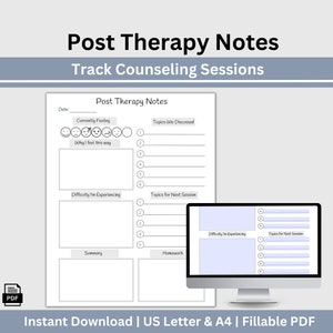 Könnte beinhalten: Ein druckbares PDF-Dokument mit einer Vorlage für Notizen nach der Therapie. Die Vorlage enthält Abschnitte für Datum, aktuelles Gefühl, besprochene Themen, Schwierigkeiten, Zusammenfassung und Hausaufgaben. Das Dokument ist dazu gedacht, Therapiesitzungen zu verfolgen.