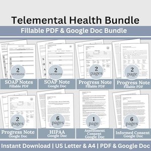 Telemental Health Forms Bundle: Therapy Notes, HIPAA Consent (Google Doc & PDF)