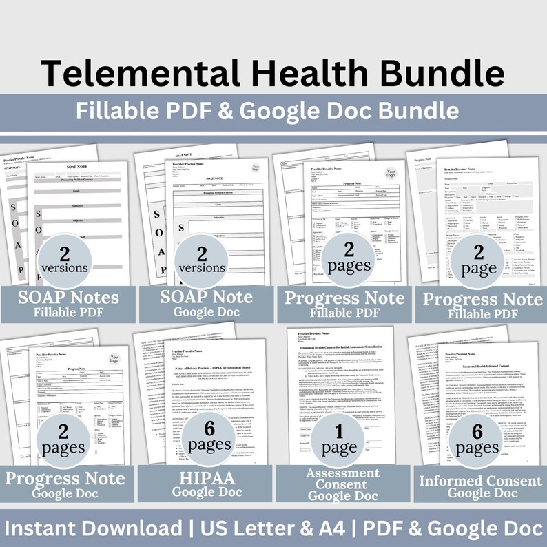 Telemental Health Forms Bundle: Therapy Notes, HIPAA Consent (google ...